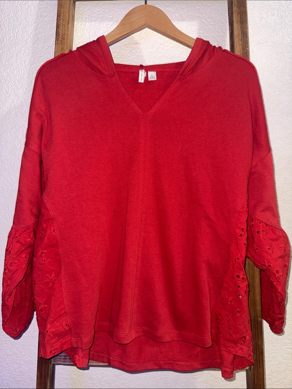 Cato Bright Red Hooded Pullover with Eyelet Sleeve Detail L
